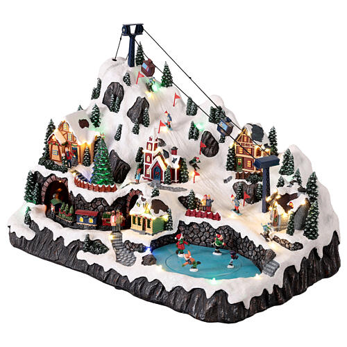 Mountain village with animated cableway, lights and music, 23x14x16 in 3