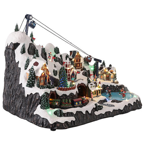 Village de montagne avec télécabine animée lumières et musique 60x35x40 cm 4