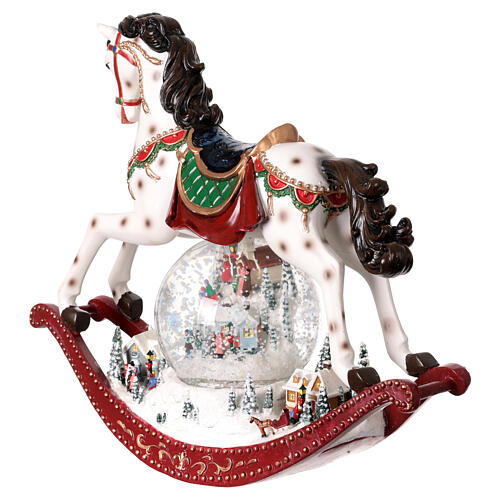 Bola de nieve caballo de balancín y pueblo música y nieve 30x12x30 cm 5