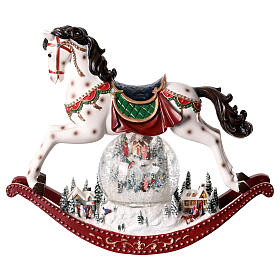 Palla di neve cavallo a dondolo e villaggio musica e neve 30x12x30 cm