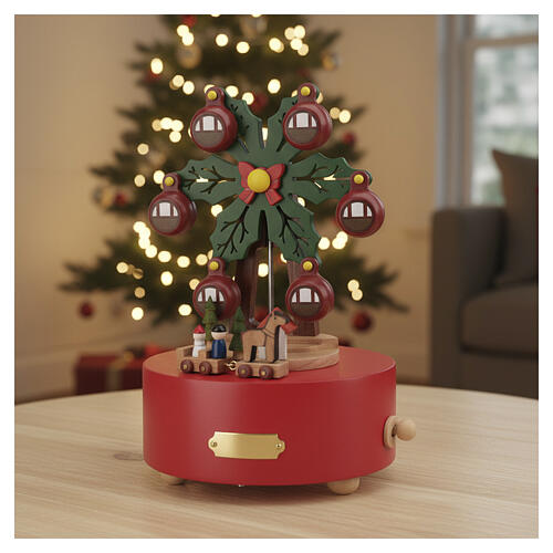 Wooden music box: ferris wheel with holly, 8 in 2