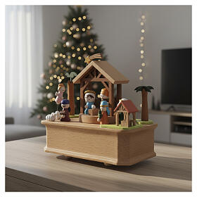 Wooden Nativity music box with movable figures, 6x6x4 in