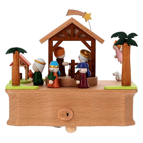 Wooden Nativity music box with movable figures, 6x6x4 in 6