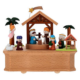 Carillon capanna Natività legno personaggi movibili 15x15x10 cm