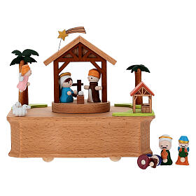 Carillon capanna Natività legno personaggi movibili 15x15x10 cm