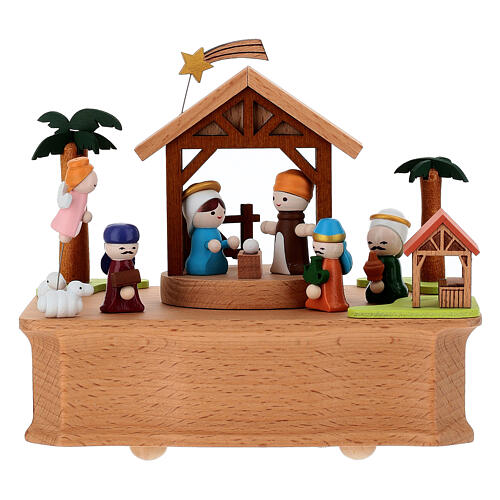 Carillon capanna Natività legno personaggi movibili 15x15x10 cm 1