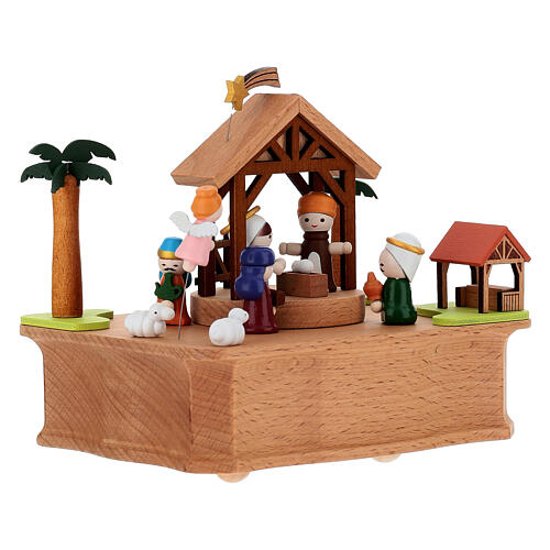 Carillon capanna Natività legno personaggi movibili 15x15x10 cm 4