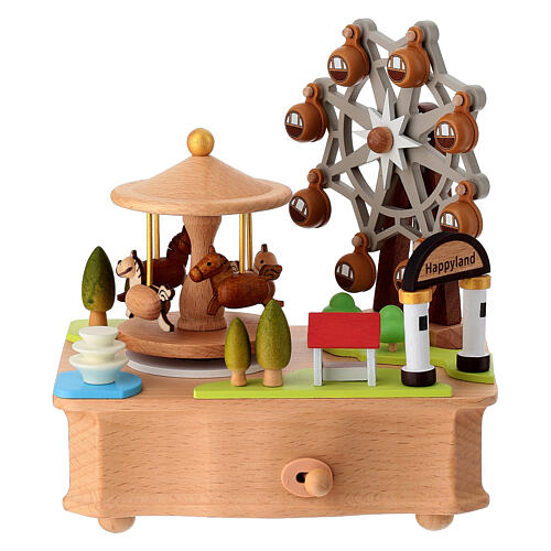 Wooden amusement park music box with carousel and ferris wheel, 4x6x6 in 1
