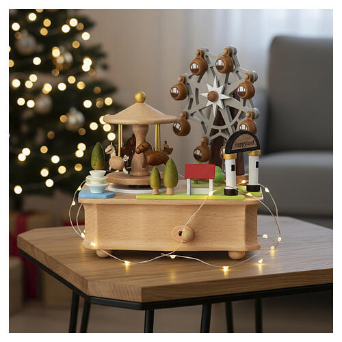 Wooden amusement park music box with carousel and ferris wheel, 4x6x6 in 2