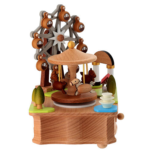 Wooden amusement park music box with carousel and ferris wheel, 4x6x6 in 6