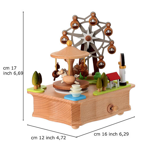 Carillon lunapark in legno cavallucci e giostra in movimento 10x15x15 cm 3