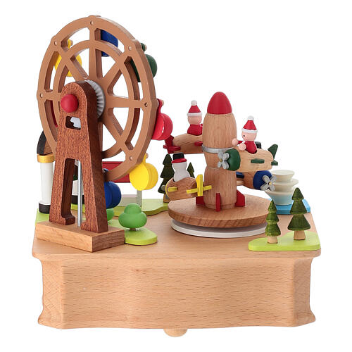 Wooden amusement park music box with planes and ferris wheel in motion, 4x6x6 in 7