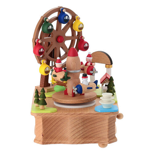 Caixa de música parque de diversões em madeira com movimento de aviões e roda gigante 10x15x15 cm 6