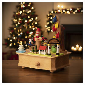 Wooden amusement park music box with animated airplanes and Ferris wheel, 10x15x15 cm