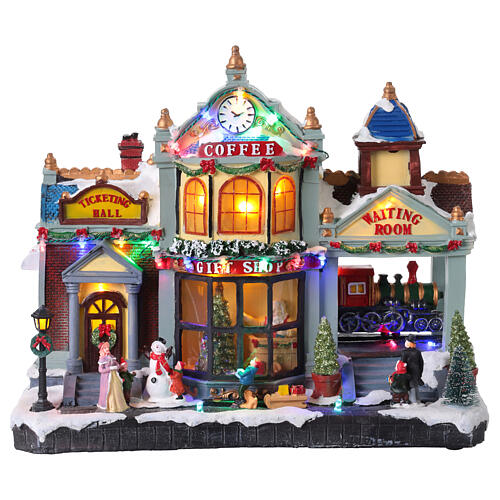 Villaggio Natalizio con stazione e gift shop luci e musica 40x20x35 cm 1
