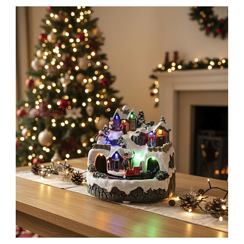Christmas village with illuminated train in motion and music battery-operated, 20x20 cm 2
