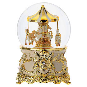 Schneekugel mit Karussell, Weiß und Gold – Melodie Kaiserwalzer, 18 cm hoch, Ø 10 cm