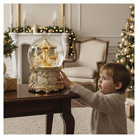 White and gold glass carousel music box, 7x4 in