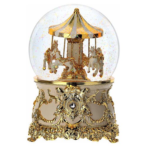 White and gold glass carousel music box, 7x4 in 3