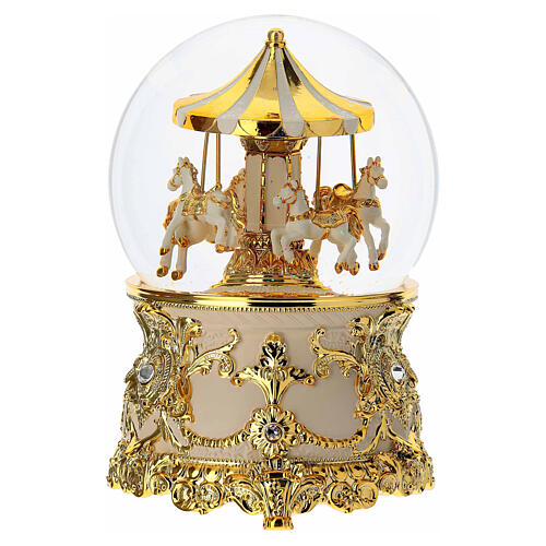 Tiovivo esfera de vidrio blanco y oro melodía 18x10 cm 4