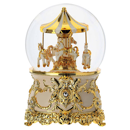 Carrossel esfera de vidro branco e dourado melodia 18x10 cm 5
