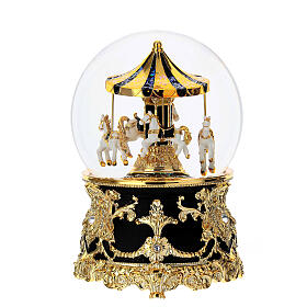 Schneekugel aus Glas mit Karussell, Spieluhr in Schwarz und Gold – 15 × 10 cm