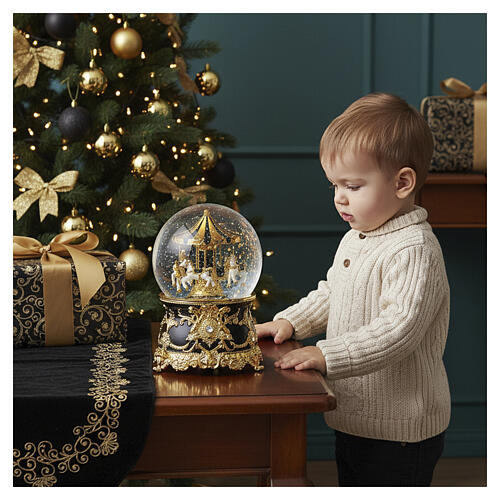 Glass ball music box with black and gold carousel, 6x4 in 2