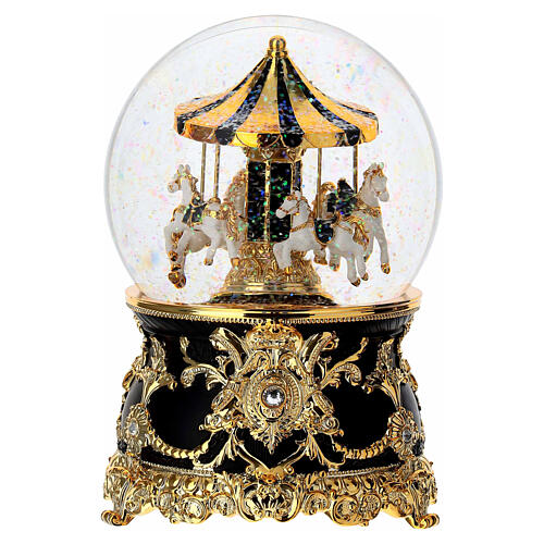 Boule en verre boîte à musique carrousel noir et or mélodie 15x10 cm 3