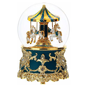 Schneekugel aus Glas mit Pferdekarussell, petrol- und goldfarben – 18 × 10 cm