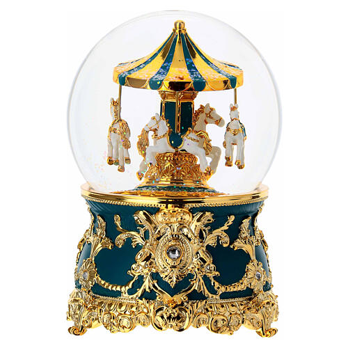 Schneekugel aus Glas mit Pferdekarussell, petrol- und goldfarben – 18 × 10 cm 5