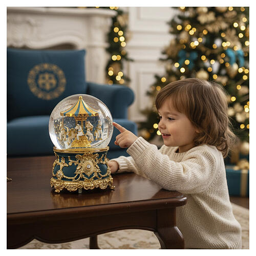 Glass sphere with petrol blue and gold carousel, classic melody, 7x4 in 2