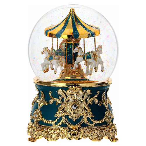 Esfera vidrio carillón carrusel caballos verde petróleo y oro melodia 18x10 cm 3