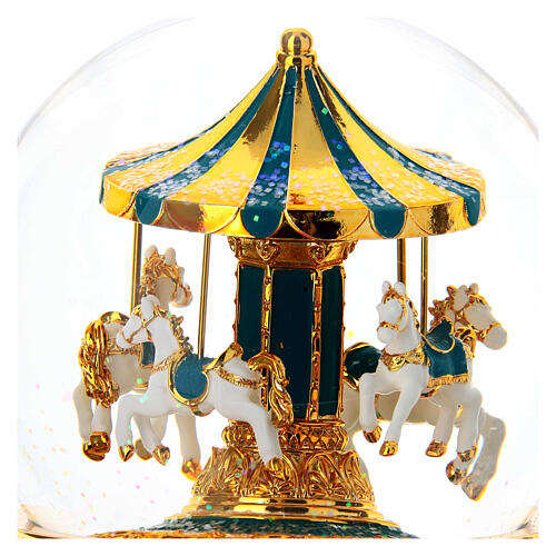 Esfera vidrio carillón carrusel caballos verde petróleo y oro melodia 18x10 cm 4