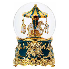 Szklana kula z pozytywką - karuzela z końmi, kolor zielony benzynowy i złoty, z melodią, 18x10 cm