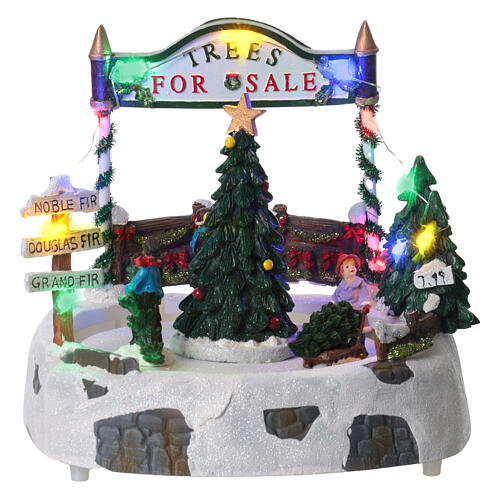 Winterszene „Weihnachtsbaumverkauf“, mit Bewegung und Musik – 18 × 20 × 18 cm 1