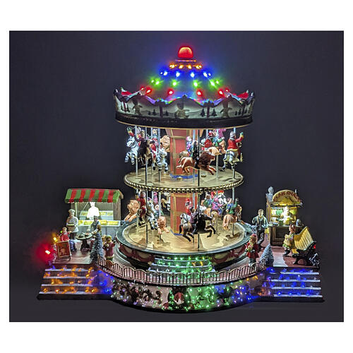 Carrousel De Noël En Acrylique – 20 X 25 Cm – Scène Village Traditionnel – Décoration De Table, Cheminée, Bureau