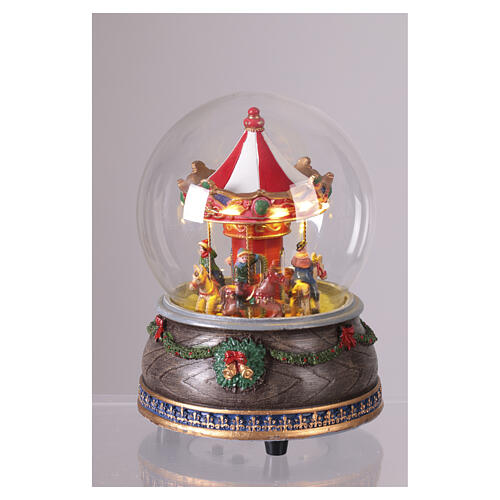Glass snow globe carousel with Christmas horses, 7x5x5 in 3
