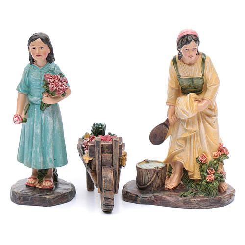 Nativity scene statues florists with cart in resin 20 cm 3 pieces set 1