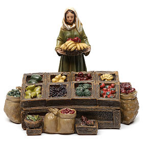 Fruttivendoli con banco frutta in resina 3 pz per presepe da 13 cm