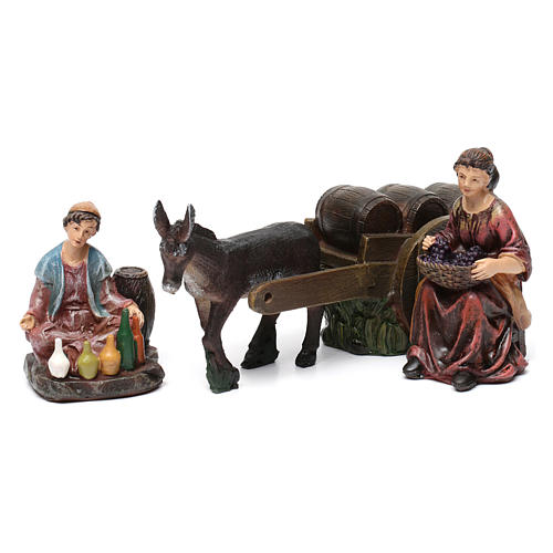 Estatuas vendedores de vino con burro y carro, resina para belén 13 cm de altura media 1