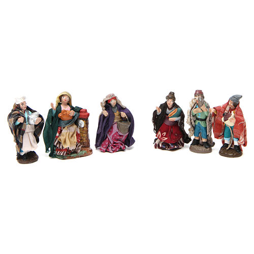 Set of shepherds for Neapolitan Nativity Scene in coloured terracotta 4 cm 6 pieces 1