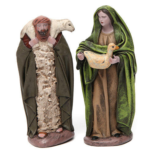 Terracotta shepherd with sheep and woman with duck figurines for nativity 14 cm 1