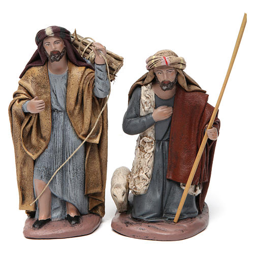 Krippenfiguren betender Hirte mit Schaf und Hirte mit Holzbündel für 14 cm Krippe aus Terrakotta 1