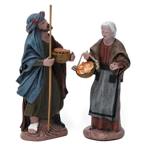 Figurengruppe alte Frau mit Korb und Hirte mit Stock und Korb für 14 cm Krippe aus Terrakotta 1