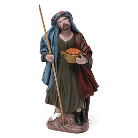 Old woman with basket and shepherd with stick and basket in terracotta for Nativity Scene 14 cm