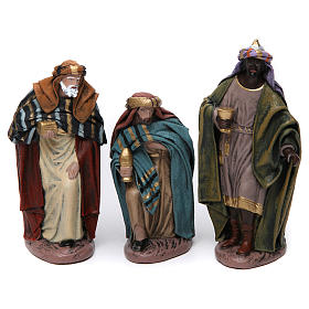 Escena Tres Reyes Magos en adoración belén 14 cm de altura media terracota