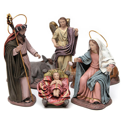 Sagrada Família com boi e burro 6 peças presépio 14 cm terracota 1