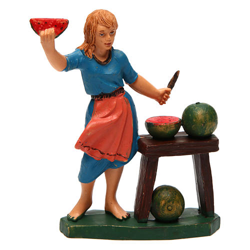 Femme avec banc de fruits idéale pour crèche de 12 cm 1