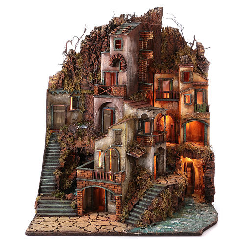 Neapolitan Nativity scene setting, village with mill, waterfall and lights 100x80x60 cm 1