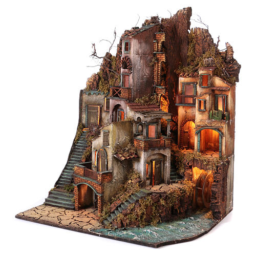 Neapolitan Nativity scene setting, village with mill, waterfall and lights 100x80x60 cm 3